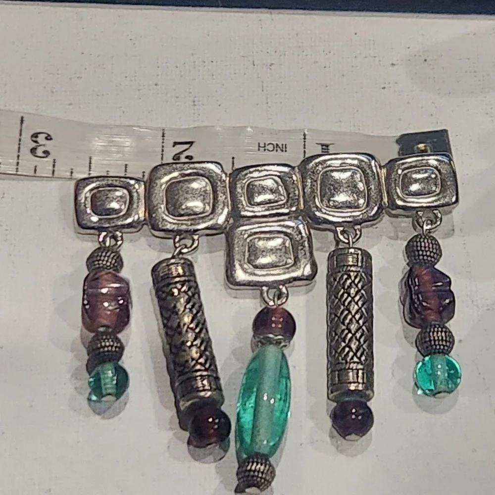 JJ Jonette Vintage Silver Tone Geometric Dangle Brooch Purple Teal Beads